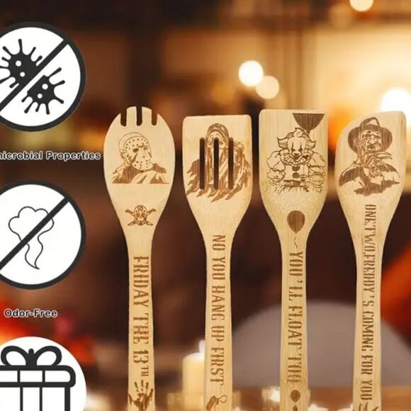 5pc Bamboo Halloween Horror Movie Serial Killer Kitchen Spoon Utensils - Picture 2 of 2